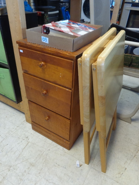 lot 133 image: TV Trays, Cook Book & 3 Drawer Dresser