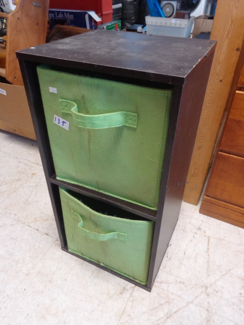 lot 135 image: Wood Storage Shelf & Cloth Bins With PS2  Games