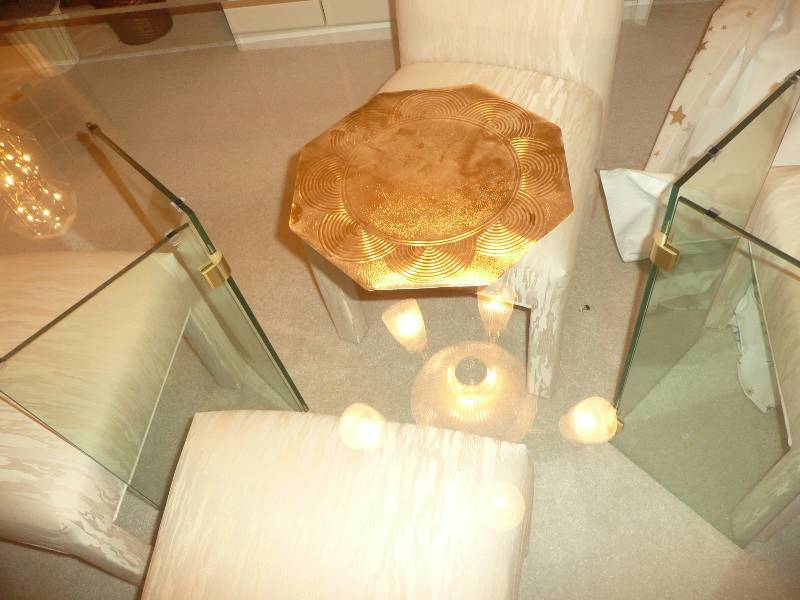 Glass Table & Base With 4 upholstered Chairs In Great Condition - Very High End Pieces - No Scratches, Rips or Stains - Almost Never Used - Must Bring Help For Removal And Must Be Picked Up On Removal Day