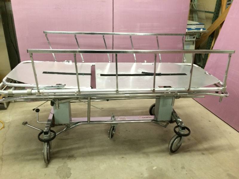lot 40 image: Wow Super Nice Industrial Chrome Stainless Gurney Stretcher Stryker Constacare Instacare Company EMS Hospital Emergency Ambulance Mobile Easy Steer Multi-adjustable Rolling Cot - Excellent