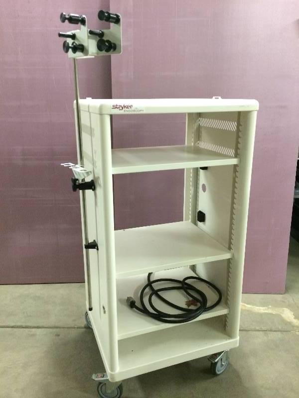 lot 44 image: Retails Used $800 Stryker Endoscopy Auxiliary Cart Tower Laparoscopy 240-095-000 Video Multi-Specialty Instrument Medical Cabinet Media Cart With Multiple Power Access