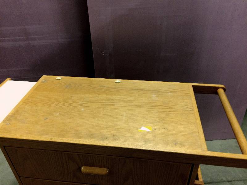 lot 60 image: Heavy Duty Wood Cabinet Rolling Media Cart Mobile Crafting Table OR Island Workcenter With Power Supply - I would paint this and use it in my kitchen