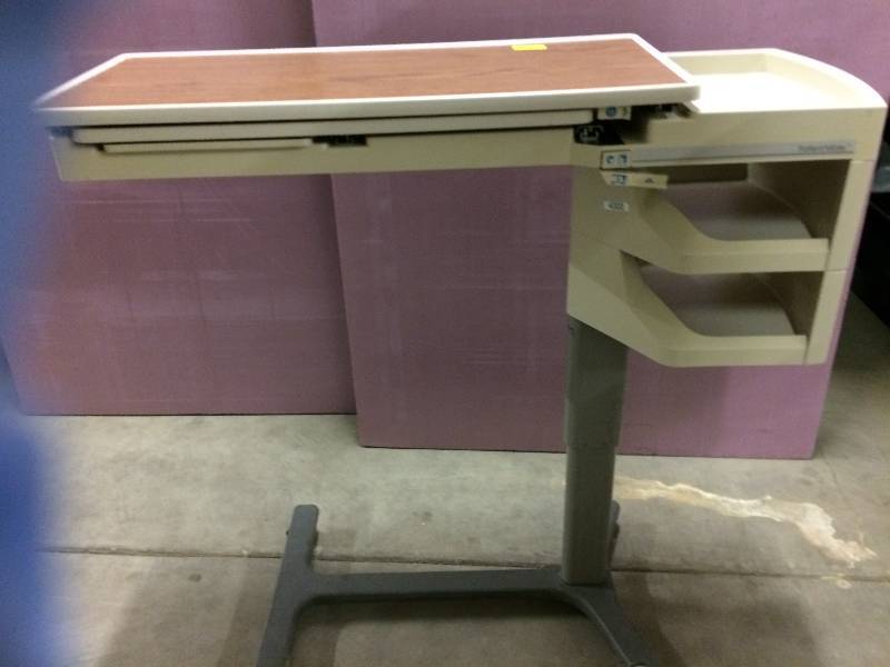 lot 65 image: Mobile Height Adjustible Great For Home Office Laptop Computer Use or Overbed Workstation Hill-Rom Patient Mate Wood Grain Tray Table With Mirror - Excellent Condition