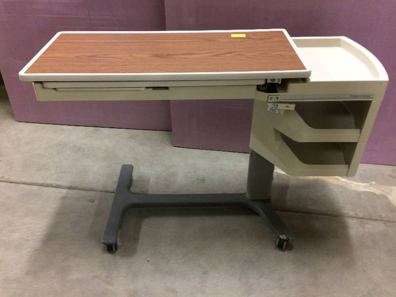 lot 64 image: Mobile Height Adjustible Great For Home Office Laptop Computer Use or Overbed Workstation Hill-Rom Patient Mate Wood Grain Tray Table With Mirror - Excellent Condition