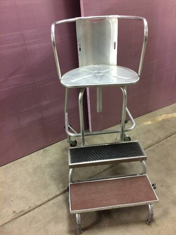 lot 69 image: Very Nice  Medical 2 Step Stool Mobile Ladder With Stainless Swivel Chair Non Slip Pads Rolling Casters - Super Condition