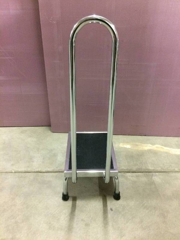 lot 70 image: Retails New $100 Brewer 11220 - Industrial Chrome Plated Step Stool with Handrail Stainless Look Footstool Non Skid Rib Rubber Platform Reinforced Rubber Feet Stepstool Excellent Condition