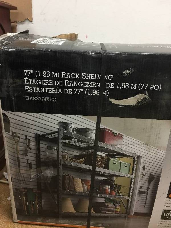 lot 8 image: Gladiator 73 in. H x 77 in. W x 24 in. D 4-Shelf Welded Steel Garage Shelving Unit open box never used