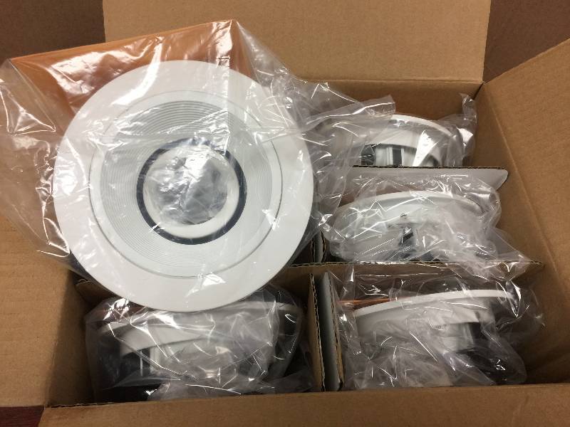 lot 16 image: Box of New  Halo 4 in. White Recessed Lighting Low-Voltage Trim with White Coilex Baffle