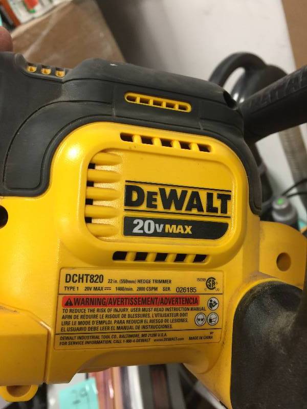 lot 17 image: DEWALT 20-Volt Max Lithium-Ion Cordless Hedge Trimmer (Tool Only) Model#  DCHT820B  used working conditions