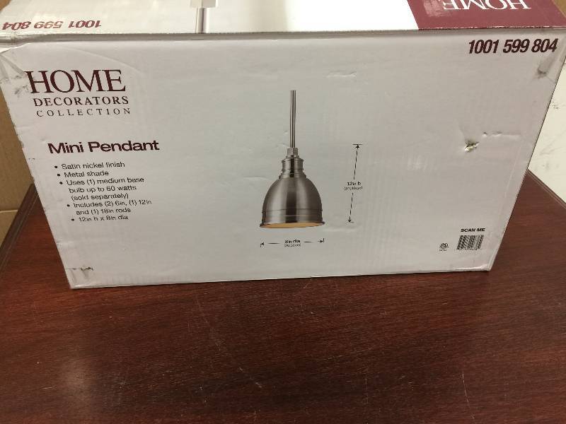 lot 34 image: Home Decorators Collection 1-Light Die-Cast Aluminum Hardware Brushed Nickel Restoration Pendant with Open Bottom open box never used