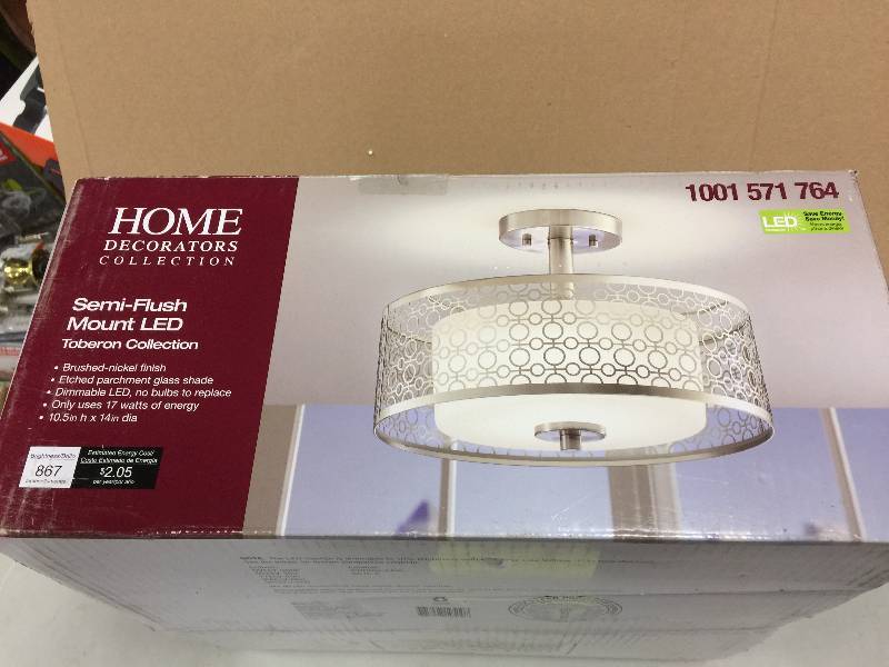 lot 43 image: Home Decorators Collection 1-Light Brushed Nickel LED Semi-Flush Mount Light Model#  7914HDC  open box never used
