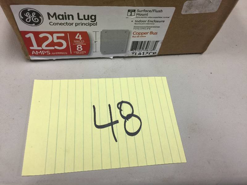 lot 48 image: GE PowerMark Gold 125 Amp 4-Space 8-Circuit Single-Phase Indoor Main Lug Circuit Breaker Panel open box never used