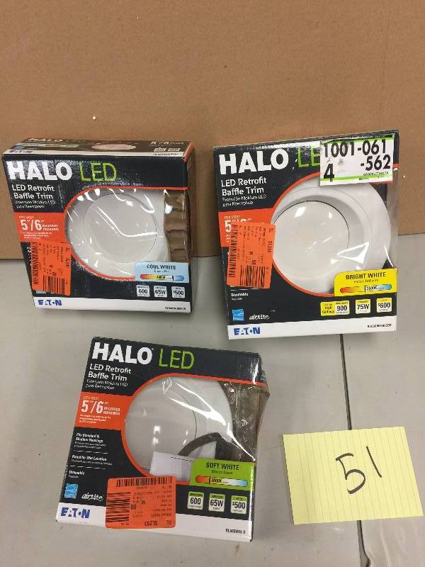 lot 51 image: Lot of 3 V Halo 5 in. and 6 in. Matte White Recessed LED Surface Disk Light with 80 CRI, 3000K New