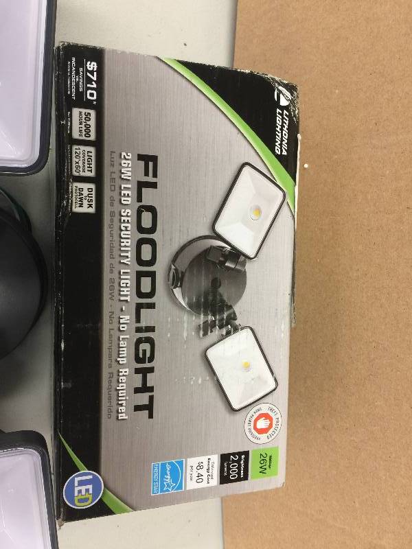 lot 64 image: Lithonia Lighting 2-Head Bronze Dusk to Dawn Outdoor LED Square Flood Light open box never used