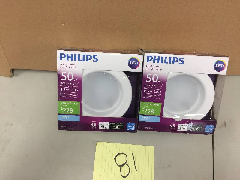 lot 81 image: Lot of 2  Philips 50W Equivalent Soft White 4 in. Retrofit Trim Recessed Downlight Dimmable LED Flood Light Bulb