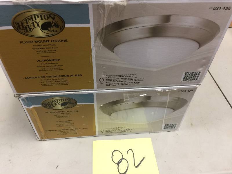 lot 82 image: Lot of 2 Hampton Bay 2-Light Brushed Nickel Flush-Mount  open box Model#  05246