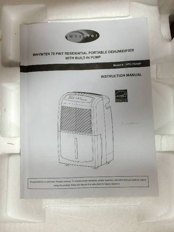 lot 101 image: Whynter 70-Pint Portable Dehumidifier with Pump, ENERGY STAR open box never used Model # RPD-702WP open box never used