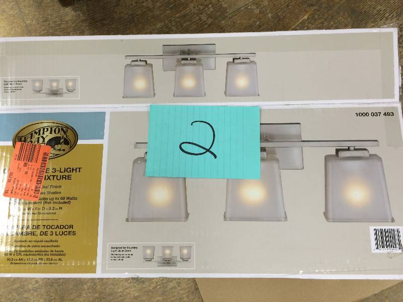 lot 2 image: 3-Light Brushed Nickel Vanity Wall Fixture, Model # V432NK03 open box never used