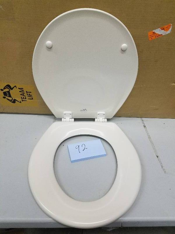lot 92 image: Church Lift-Off Elongated Closed Front Toilet Seat in Bone open box never used