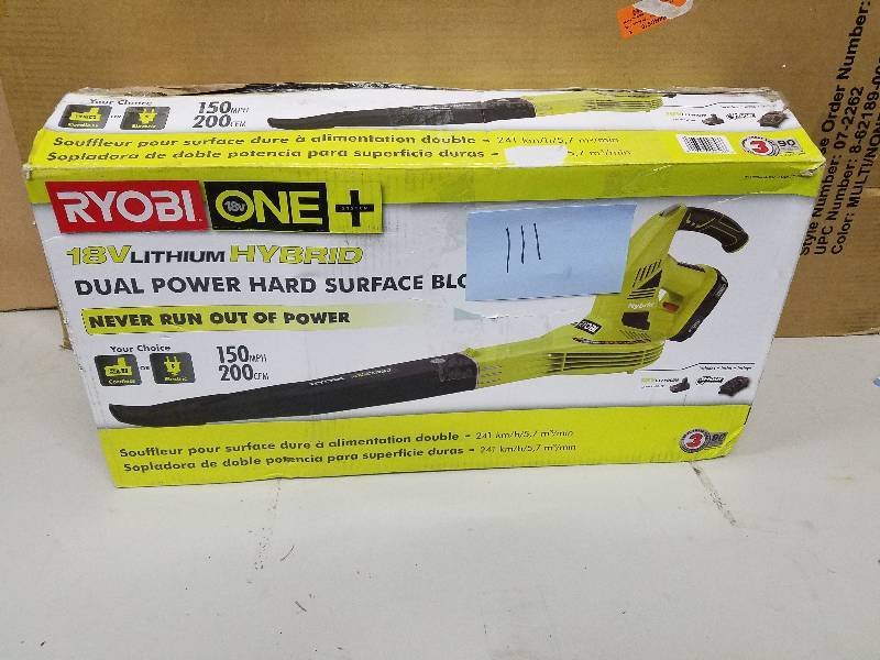 lot 111 image: Ryobi ONE 150 MPH 200 CFM 18-Volt Lithium-Ion Hybrid Cordless or Corded Leaf BlowerSweeper Model#  P2170  open box