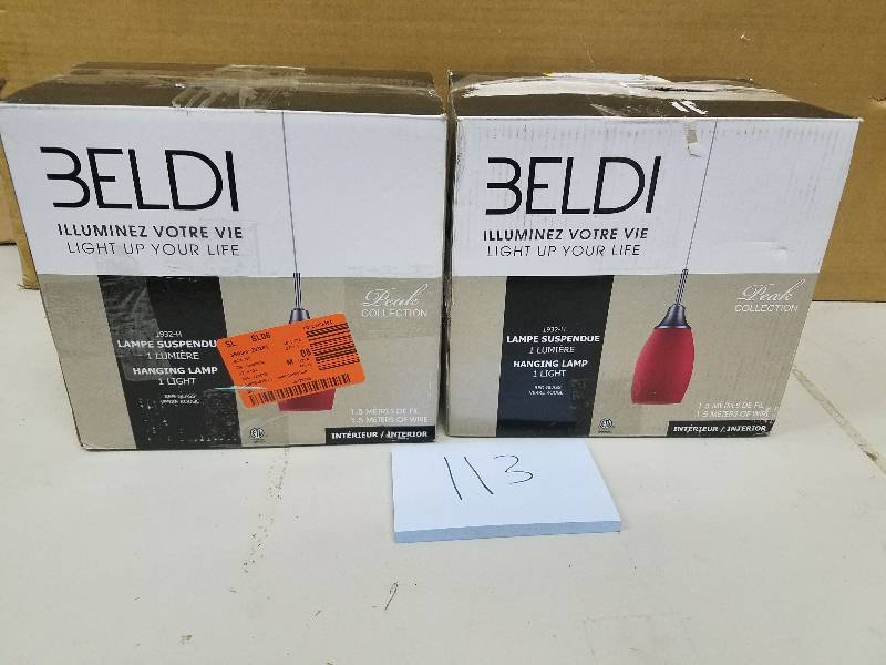 lot 113 image: Lot of 2  BELDI Peak Collection 1-Light Red and Nickel Pendant Model#  1932-H Red  open box