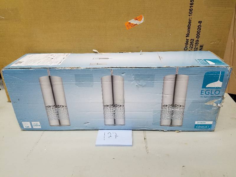 lot 127 image: Eglo Carmelia 3-Light Satin Nickel Hanging Light open box never used