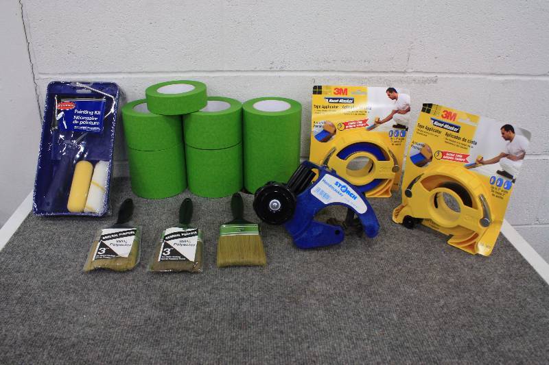 lot 23 image: Painters Lot Tape, Brushes, Roller Kit and Masking Tape Applicators