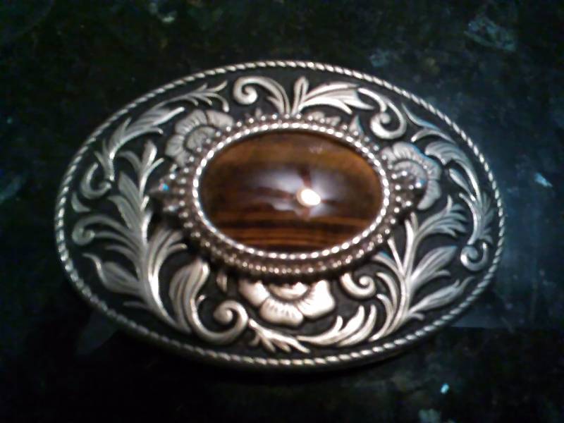 lot 205 image: Vintage Belt Buckle, Oval, Brown and Black Stone