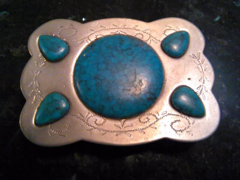 lot 206 image: Vintage Belt Buckle, Silver Color with Turquoise Stones