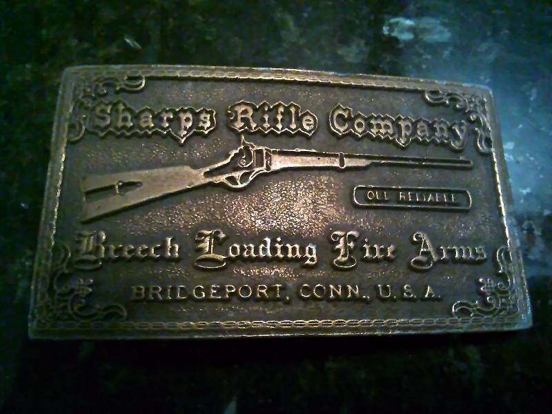 lot 226 image: Vintage Belt Buckle, Sharps Rifle Company, Brooch Loading Fire Arms, Bridgeport Conn. USA