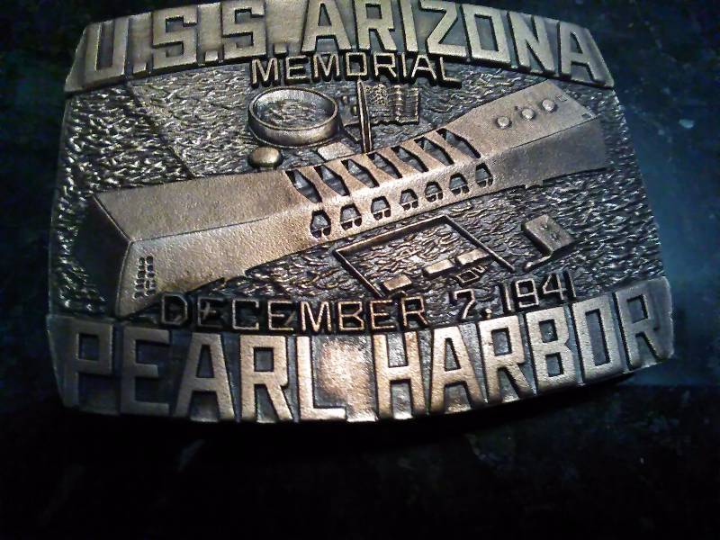 lot 236 image: Vintage Belt Buckle, U.S.S. Arizona Pearl Harbor Memorial, Inscription on back