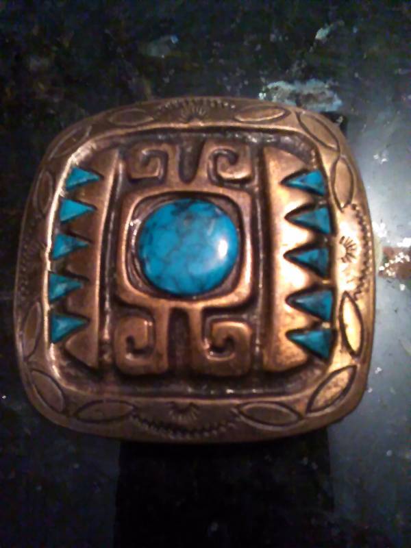 lot 242 image: Vintage Belt Buckle, Turquoise and Brass