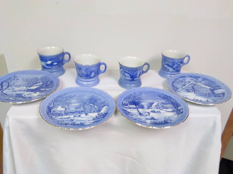 lot 134 image: Currier and Ives Mug and Plates Winter Blue White The Old Homestead In Winter, Set of 4