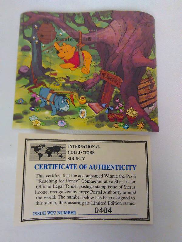 lot 142 image: Winnie the Pooh Stamp, COA, 0404