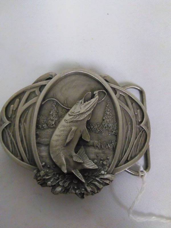 lot 162 image: Vintage Belt Buckle, 3D Northern Pike, Bergamot Brass, 1983