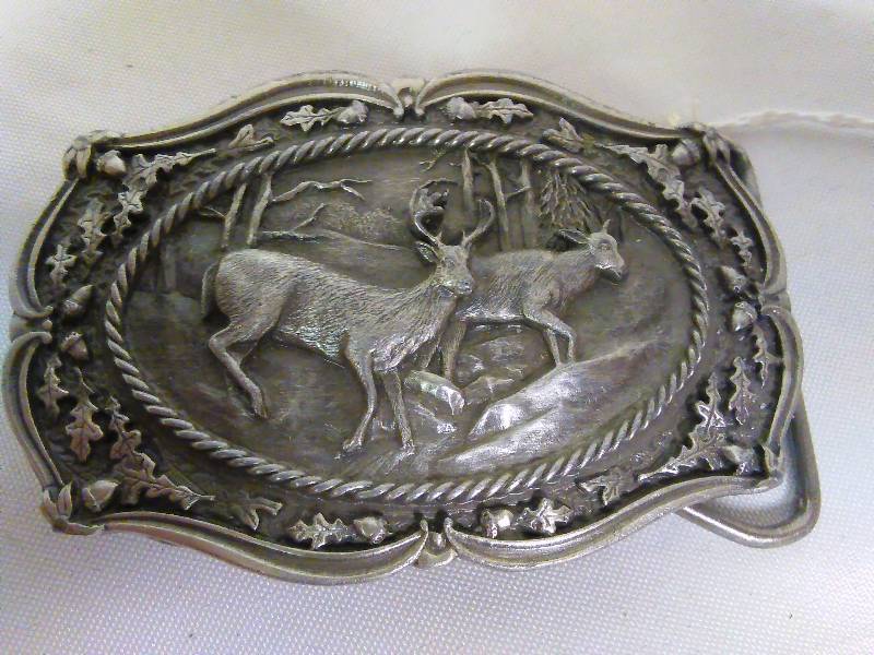 lot 168 image: Vintage Belt Buckle, Deer Wildlife, 1985, Bergamot Brass Co. Pewter