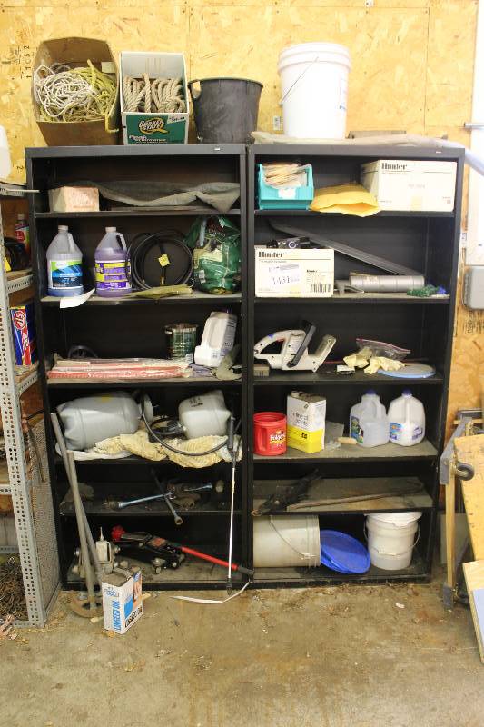 lot 1431 image: Contents of Shelving Units Includes Tools, Sprayers, And More