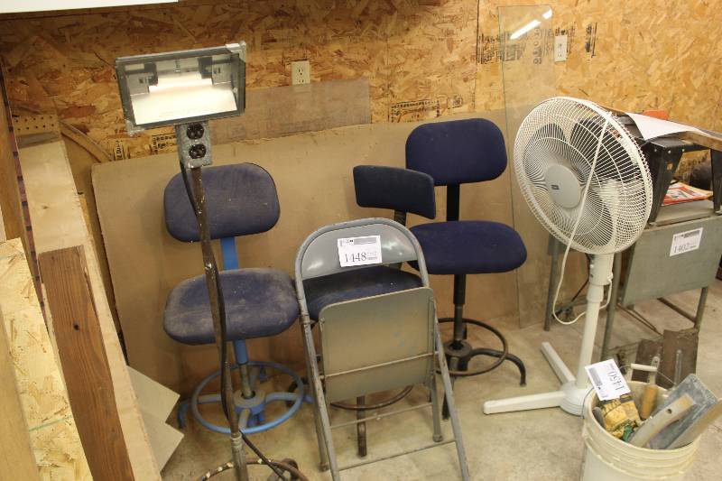 lot 1448 image: Lot of (6) Furniture Includes 4) Chairs AND 1) Fan AND 1) Work Light