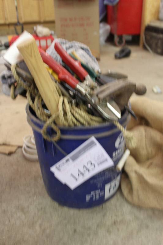 lot 1443 image: Bucket Lot Includes Hammers, Snips, Rope, Pulley