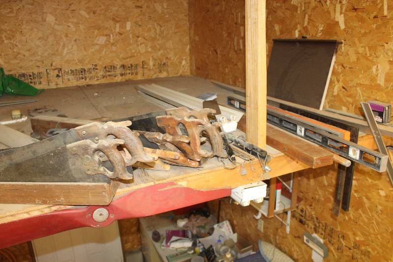 lot 1483 image: Shelf Lot Includes Saws, Levels, Angle Rulers