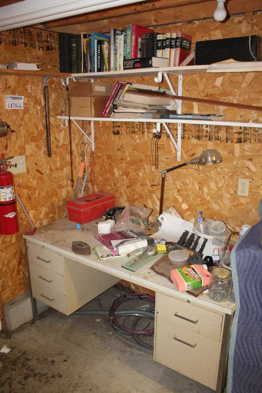 lot 1478 image: Corner Lot Includes Desk, Books, Light, Misc Hardware
