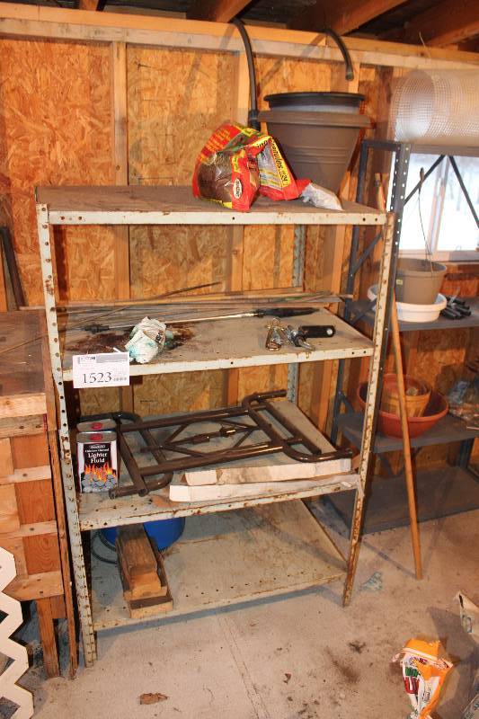 lot 1523 image: Shelf & Contents Includes Pots, Wood, Misc Hardware