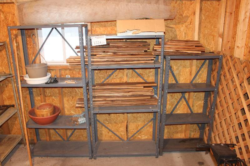 lot 1524 image: Lot of (3) Shelves w Contents Includes Wood, Netting, Pots