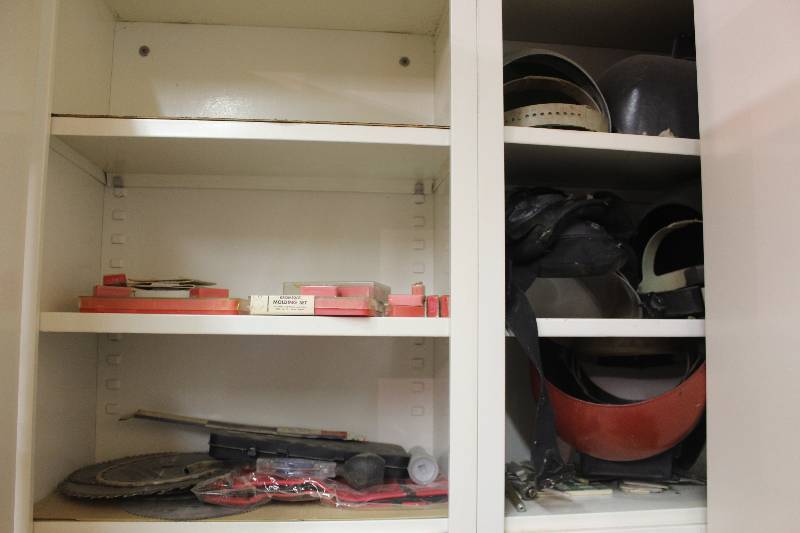 lot 1485 image: Lot of (2) Cabinets Includes Welder Mask, Saws, And More