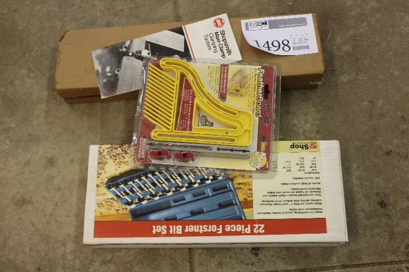 lot 1498 image: Tools Includes 22-Piece Forstner Bit Set, Shopsmith Clamp, Milescraft Weatherboard Router Tool