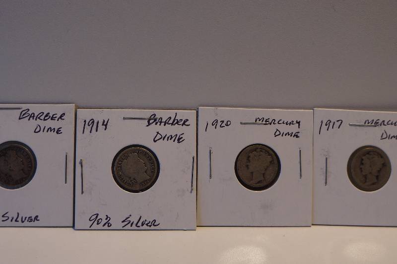 1914, 1914-D Barber Dimes & 1917, 1920, 1937,1938, & 1939 Mercury Dimes