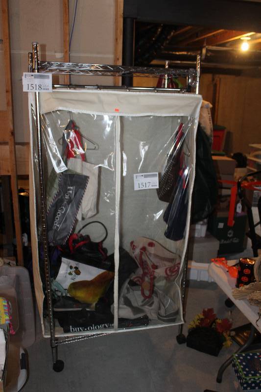 Wheeled Metal Shelf w Clothing Rack & Vinyl Zippered Cover
