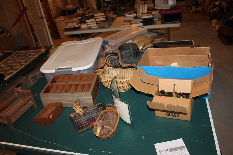 Wood Shelf, Wicker Hats, Wicker Chicken Decoration, Pie Tins, Card Games, And More