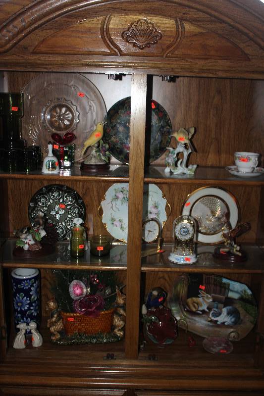 Lot of (3) Shelves Includes Bird Statues, Cups, Clocks, Bunny Plate, Decorative Plates, Table Decorations