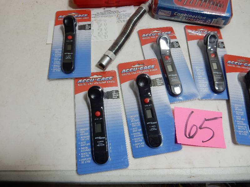 lot 65 image: 6 Accugage Tire Testers, Combination Extractor and Drill set Hanson Screw Extractor set